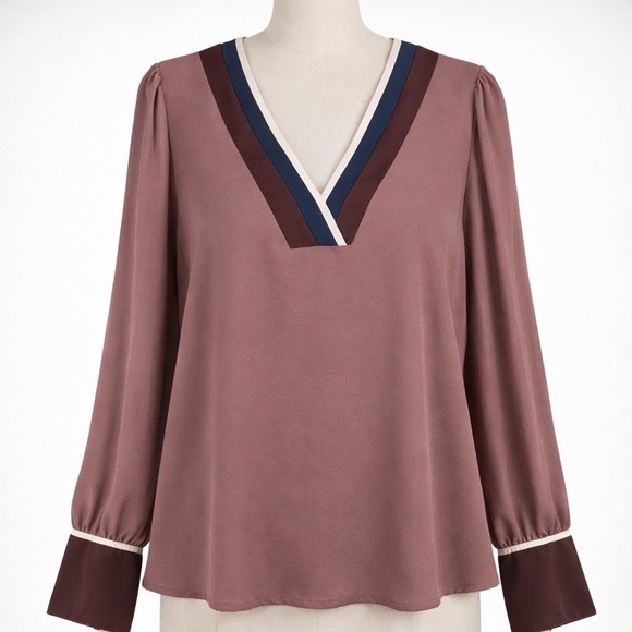 Express Tops - Express Long‎ Sleeve Colorblock V Neck Top Size L Pink Mauve Boho Classic Career